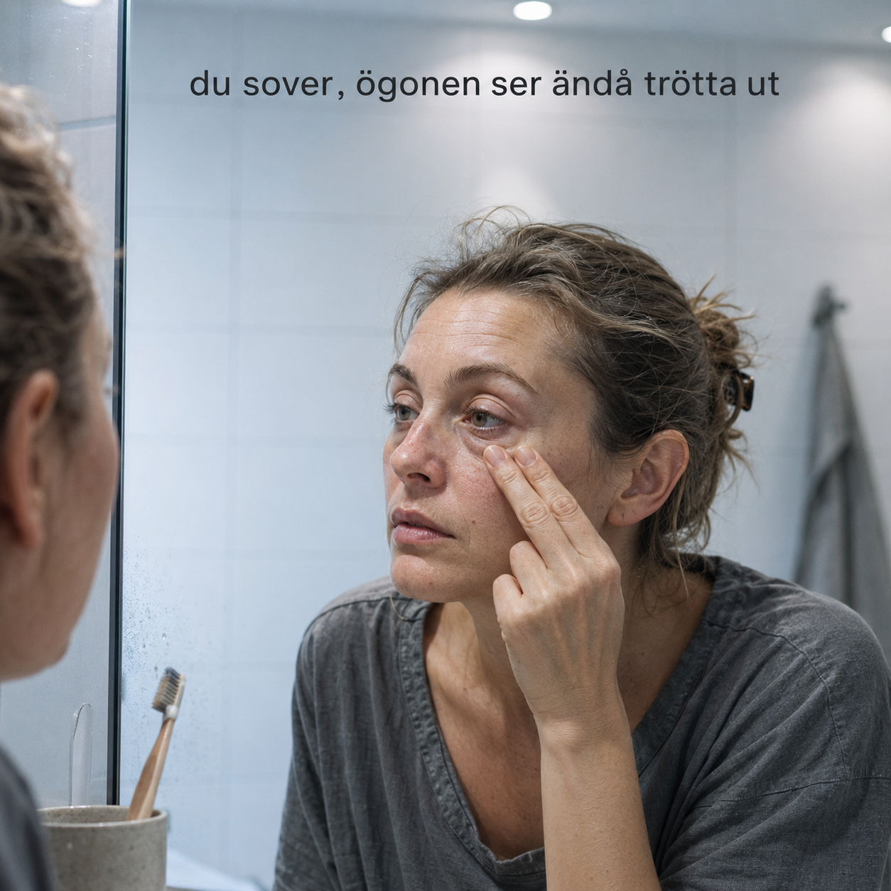 Kvinna tittar på sina trötta ögon i badrumsspegeln